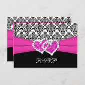 Carte de réponse Damassé Noir, Blanc, Rose & Cœurs (Devant / Derrière)