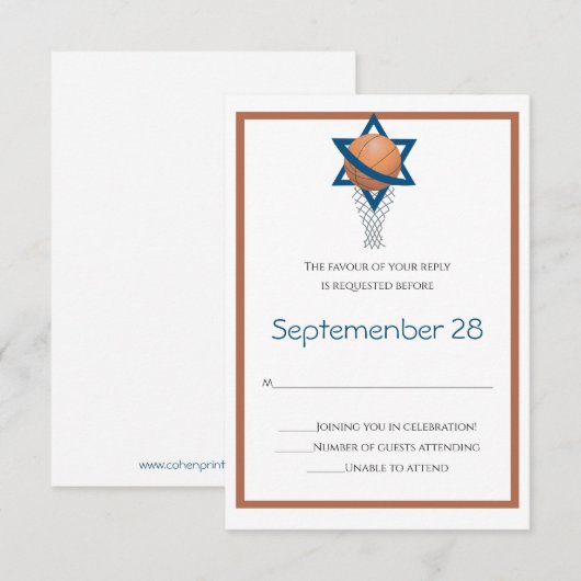 Carte de réponse de basket-ball juif bleu orange (Devant / Derrière)