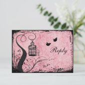 Carte de réponse de cage à oiseaux rose et noir av (Debout devant)