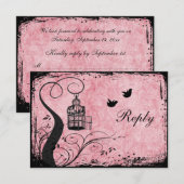 Carte de réponse de cage à oiseaux rose et noir av (Devant / Derrière)