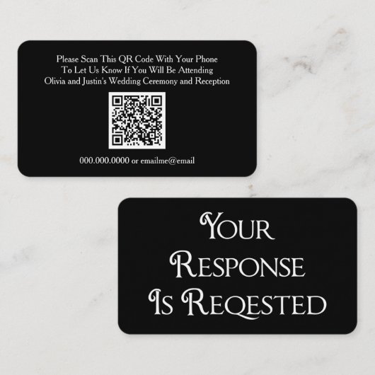 Carte de réponse de code QR RSVP noir mariage (Devant / Derrière)