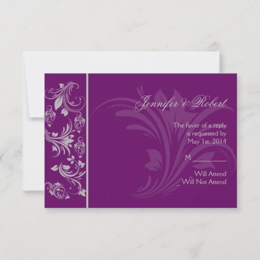 Carte de réponse de défilement florale violet et a (Devant)