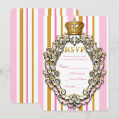 Carte de réponse de fête rayée rose couronne dorée (Devant / Derrière)