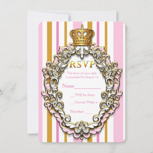 Carte de réponse de fête rayée rose couronne dorée (Devant)