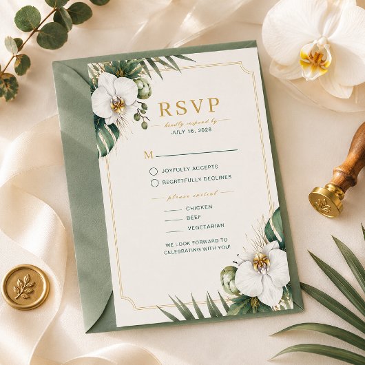 Carte de réponse de luxe pour mariage tropical aux