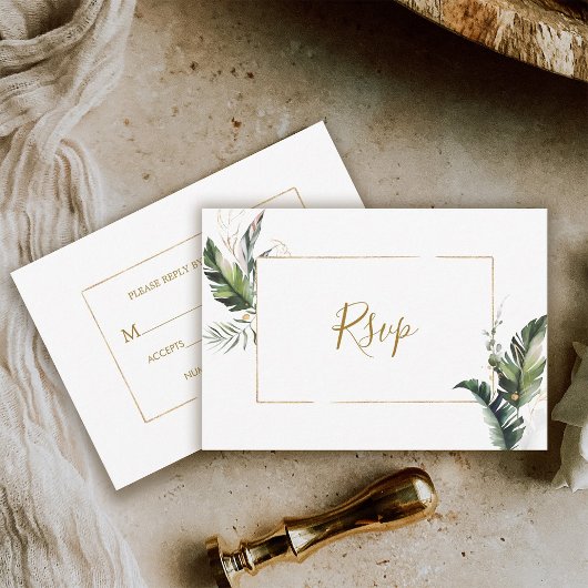 Carte de réponse de mariage à cadre doré avec feui