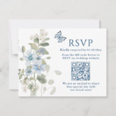 Carte de réponse de mariage à code QR florale bleu (Devant)