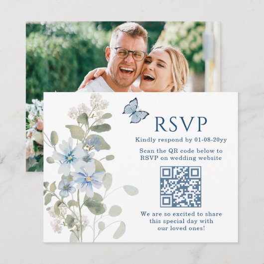 Carte de réponse de mariage à code QR florale bleu (Devant / Derrière)