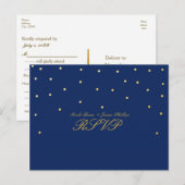 Carte de réponse de mariage à confettis dorés bleu (Devant / Derrière)