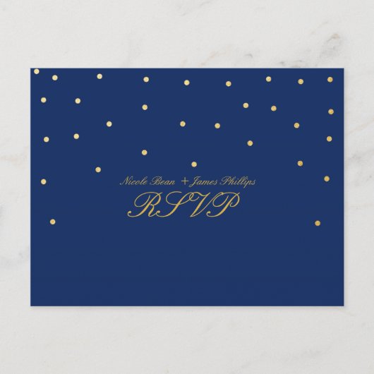 Carte de réponse de mariage à confettis dorés bleu (Devant)