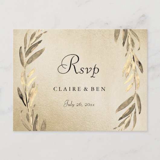 Carte de réponse de mariage à feuilles d'or et feu (Devant)
