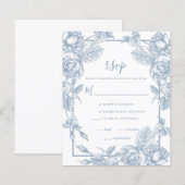 Carte de réponse de mariage à fleurs bleu poussiér (Devant / Derrière)