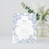Carte de réponse de mariage à fleurs bleu poussiér (Debout devant)