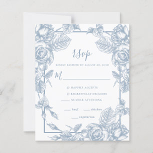 Carte de réponse de mariage à fleurs bleu poussiér