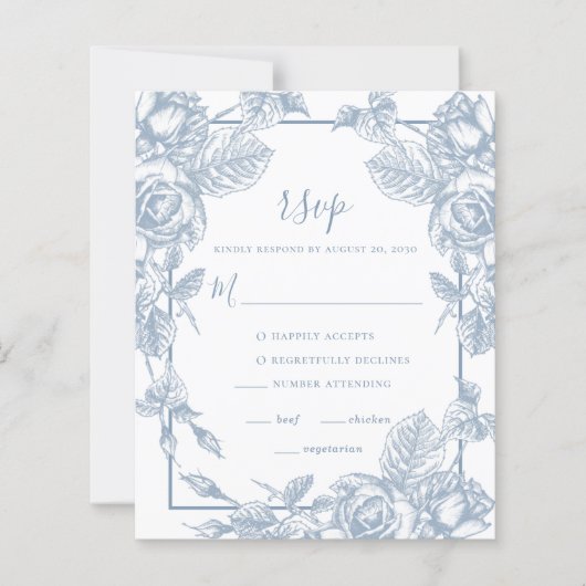 Carte de réponse de mariage à fleurs bleu poussiér (Devant)