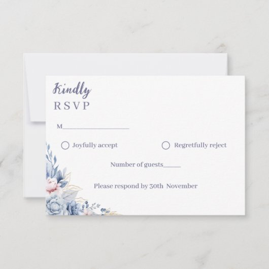 Carte de réponse de mariage à fleurs bleu poussiér (Devant)