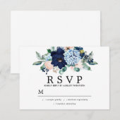 Carte de réponse de mariage à fleurs bleues et ros (Devant / Derrière)