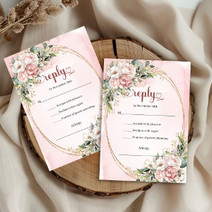 Carte de réponse de mariage à fleurs en rose gold