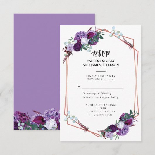 Carte de réponse de mariage à fleurs géométriques (Devant / Derrière)