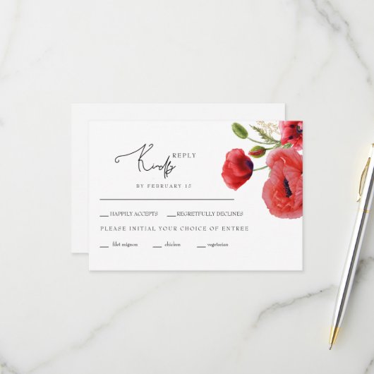 Carte de réponse de mariage à fleurs rouges (Devant/Arrière en situation)