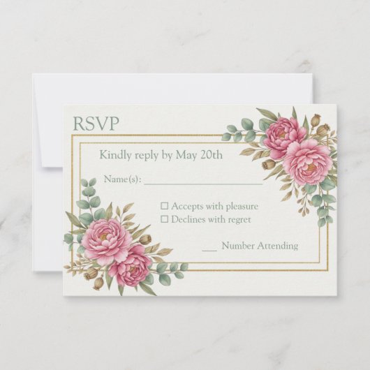 Carte de réponse de mariage à l'aquarelle rose blu (Devant)