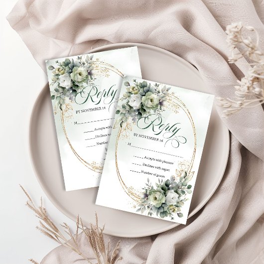 Carte de réponse de mariage à l'aquarelle Vert Or