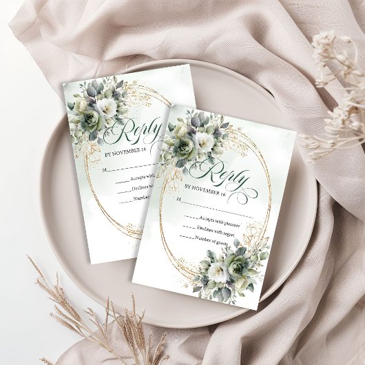 Carte de réponse de mariage à l'aquarelle verte et