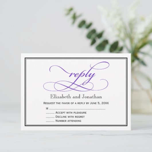 Carte de réponse de mariage à l'écriture violette (Debout devant)