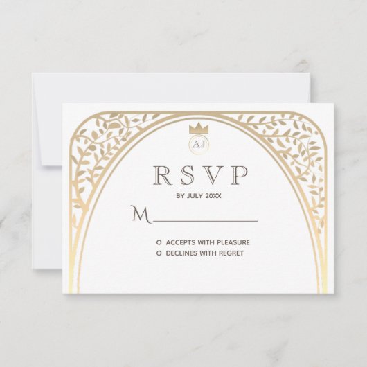 Carte de réponse de mariage à monogramme or royal (Devant)