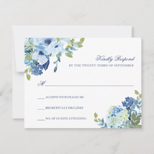 Carte de réponse de mariage à motif floral bleu po (Devant)