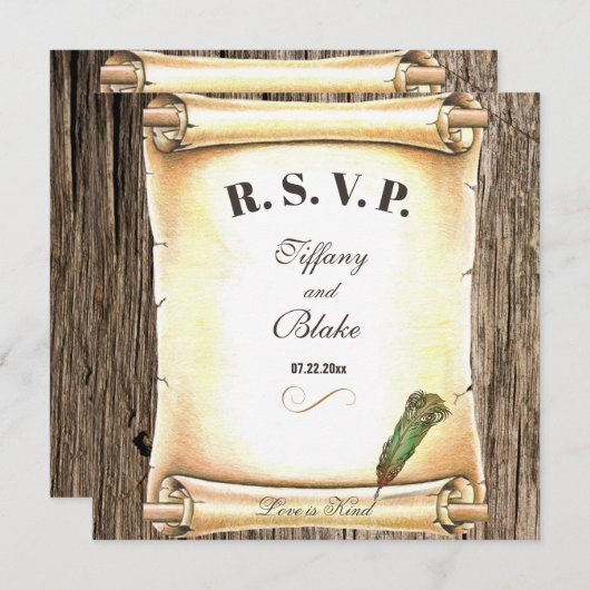 Carte de réponse de mariage à plume et parchemin u (Devant / Derrière)