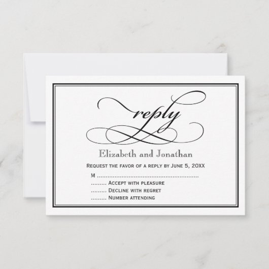 Carte de réponse de mariage à script noir et blanc (Devant)
