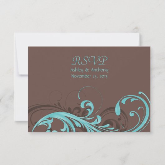 Carte de réponse de mariage Aqua Bleu, Fleurs Brun (Dos)