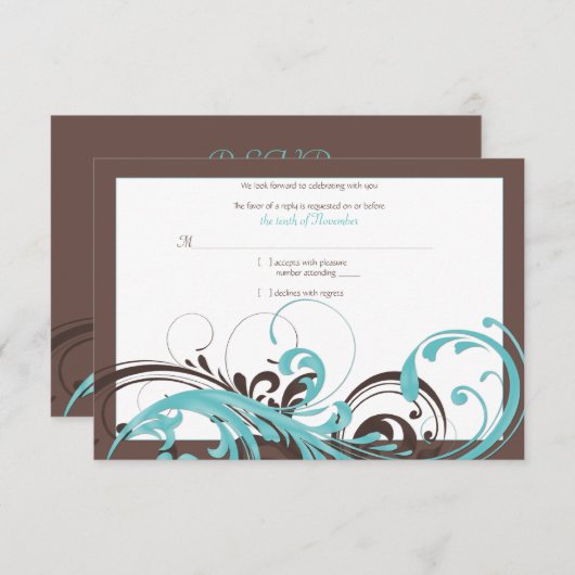 Carte de réponse de mariage Aqua Bleu, Fleurs Brun (Devant / Derrière)