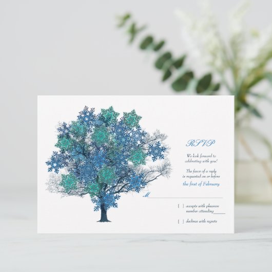 Carte de réponse de mariage Arbre flocon de neige  (Debout devant)