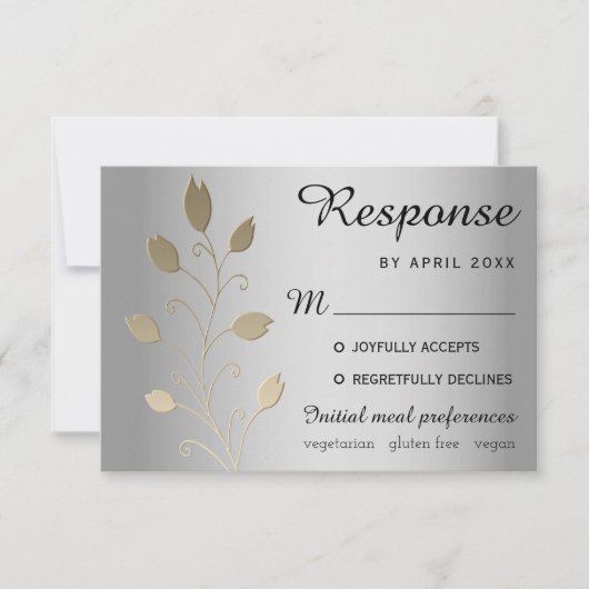 Carte de réponse de mariage argent et or à fleurs  (Devant)