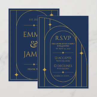 Carte de réponse de mariage Art Déco Navy Or