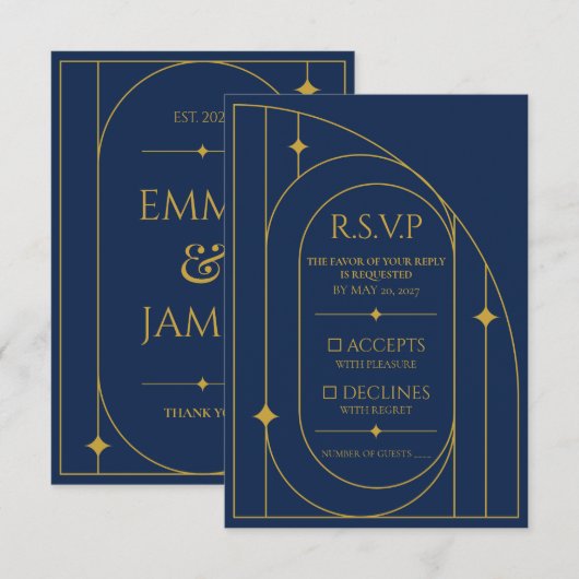 Carte de réponse de mariage Art Déco Navy Or (Devant / Derrière)