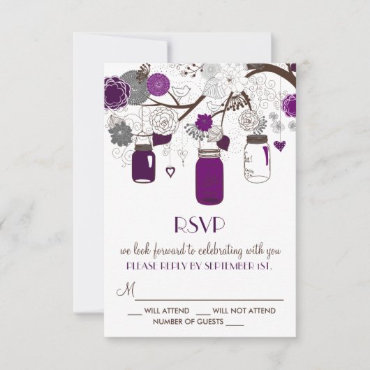 Carte de réponse de mariage aux pots Mason violets (Devant)