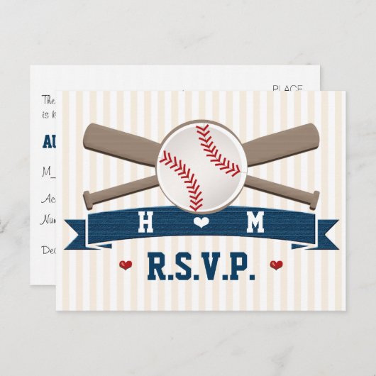 Carte de réponse de mariage avec baseball monogram (Devant / Derrière)
