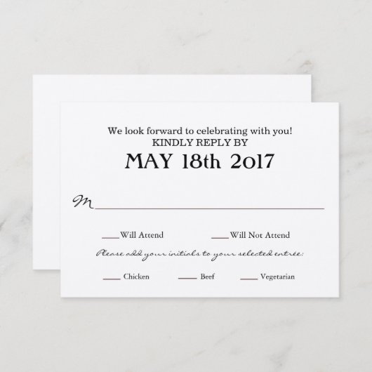 Carte de réponse de mariage avec choix de PLAT (Devant / Derrière)