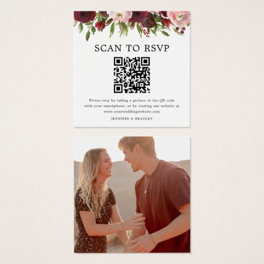 Carte de réponse de mariage avec code QR Burgundy  (Devant & derrière)