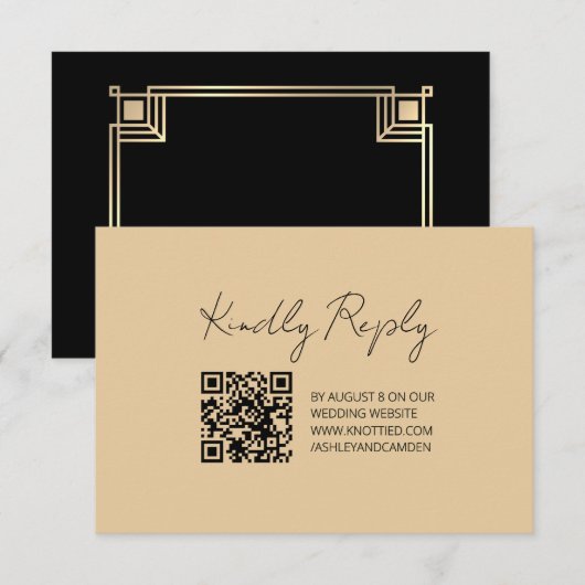 Carte de réponse de mariage avec code QR cadre or (Devant / Derrière)