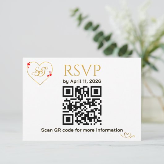 Carte de réponse de mariage avec code QR Cœurs rou (Debout devant)
