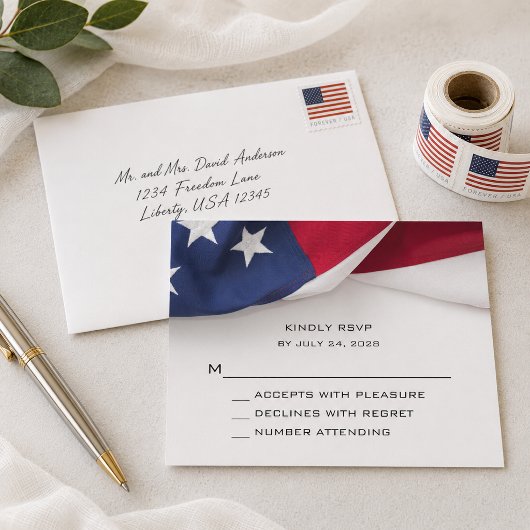 Carte de réponse de mariage avec drapeau américain