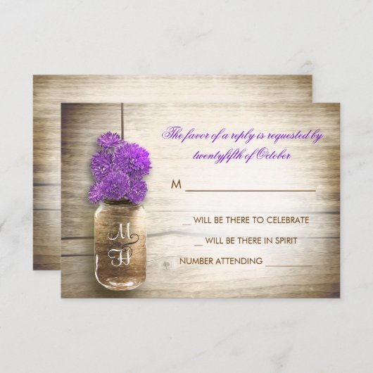 Carte de réponse de mariage avec pot Mason et fleu (Devant / Derrière)