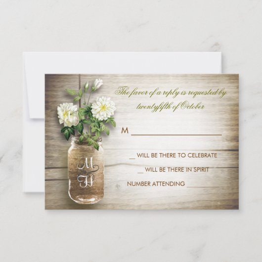 Carte de réponse de mariage avec pot Mason et fleu (Devant)