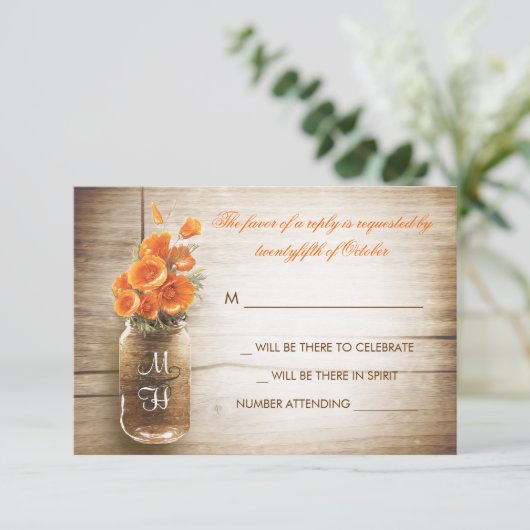 Carte de réponse de mariage avec pot Mason et fleu (Debout devant)