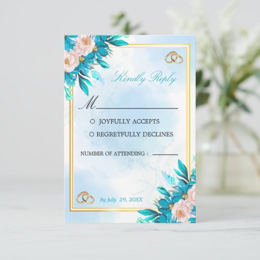 Carte de réponse de mariage bleu royal et or (Debout devant)