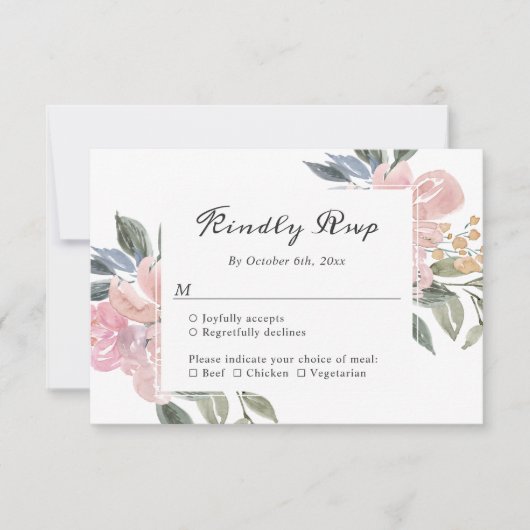 Carte de réponse de mariage botanique rose poussié (Devant)